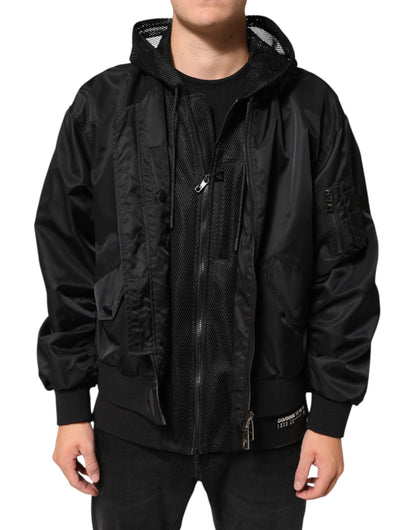 Dolce & Gabbana Black Nylon Hooded Full Zip Bomber Men Jacket