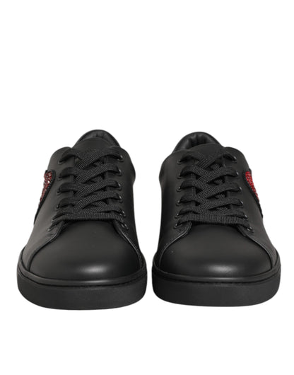 Dolce & Gabbana Black Leather Crystal Heart Sneakers  Shoes