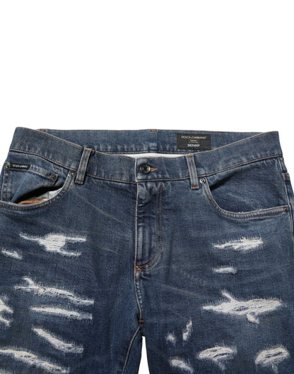 Dolce & Gabbana Blue Tattered Cotton Skinny Men Denim Jeans