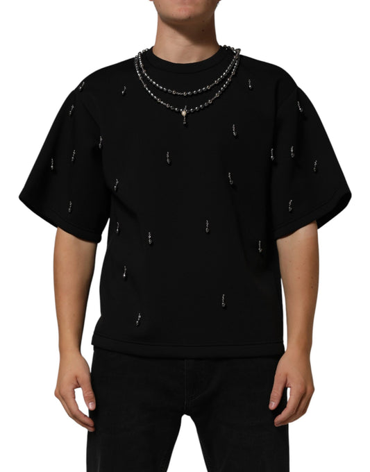 Dolce & Gabbana Black Polyester Necklace Embellished T-shirt